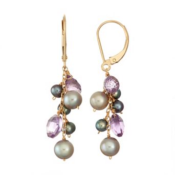 Jewelmak 14k Gold Amethyst & Dyed Freshwater Cultured Pearl Cluster Drop Earrings
