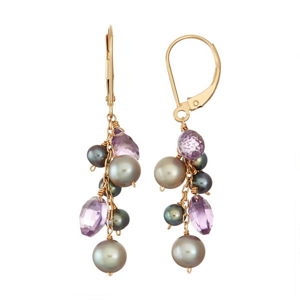 14k Gold Amethyst & Dyed Freshwater Cultured Pearl Cluster Drop Earrings