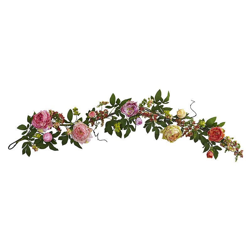 nearly natural Artificial Mixed Peony & Berry Garland, Multicolor