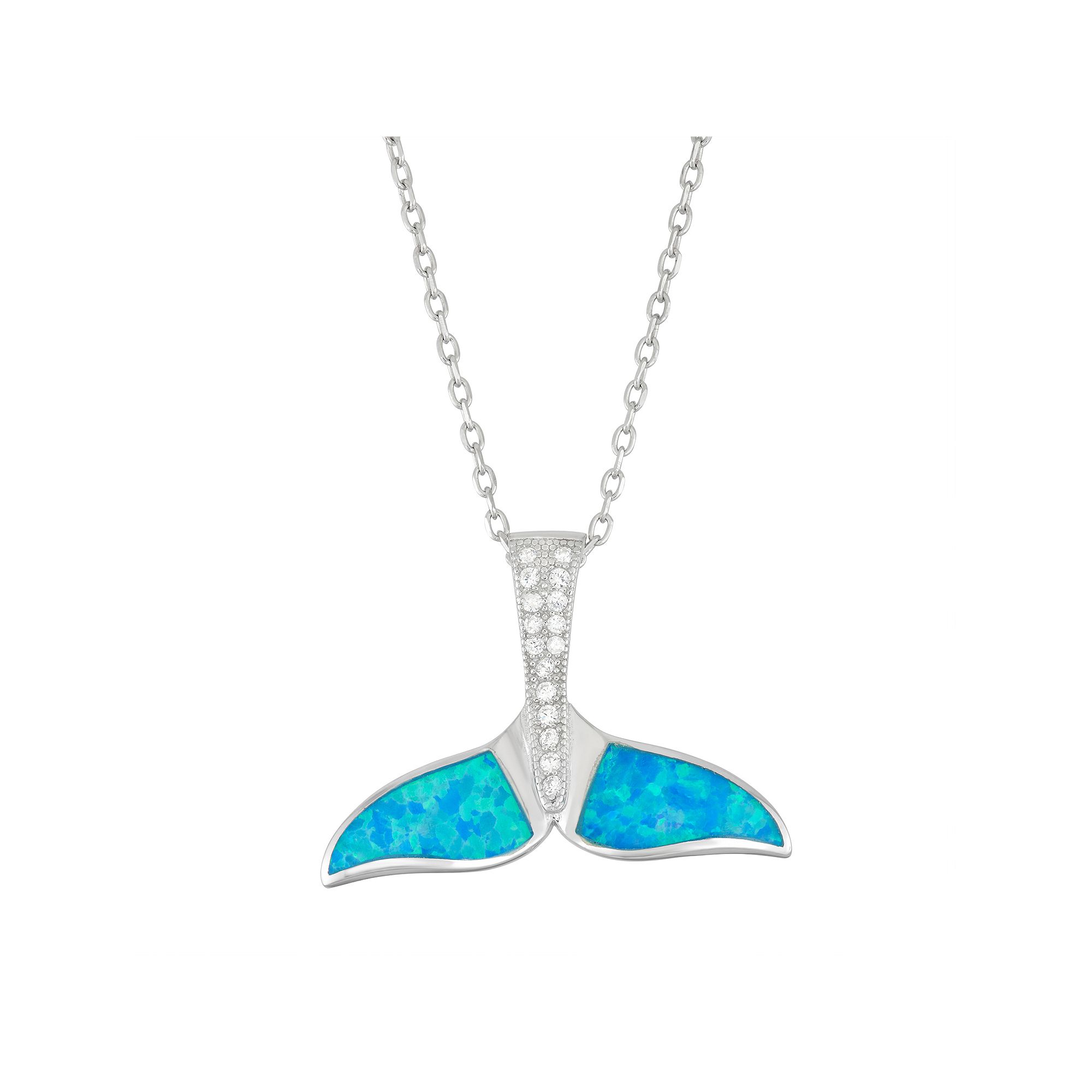 Sterling Silver Lab-Created Blue Opal & Cubic Zirconia Whale Tail Pendant 