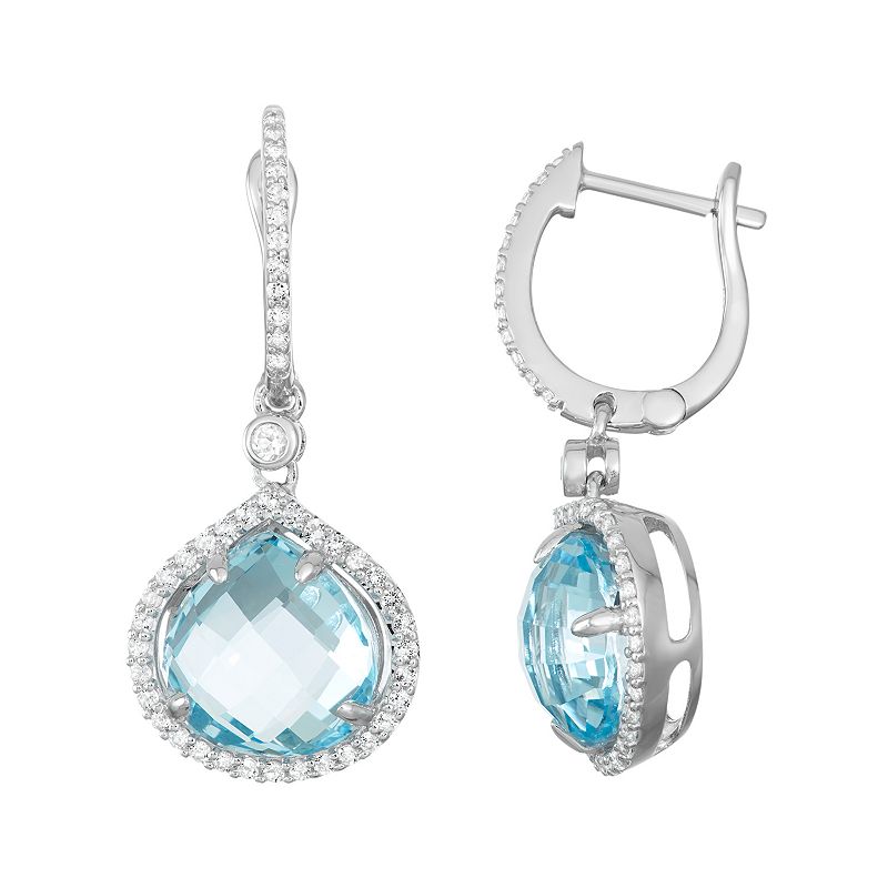 Sterling Silver Blue & White Topaz Halo Hoop Drop Earrings, Womens