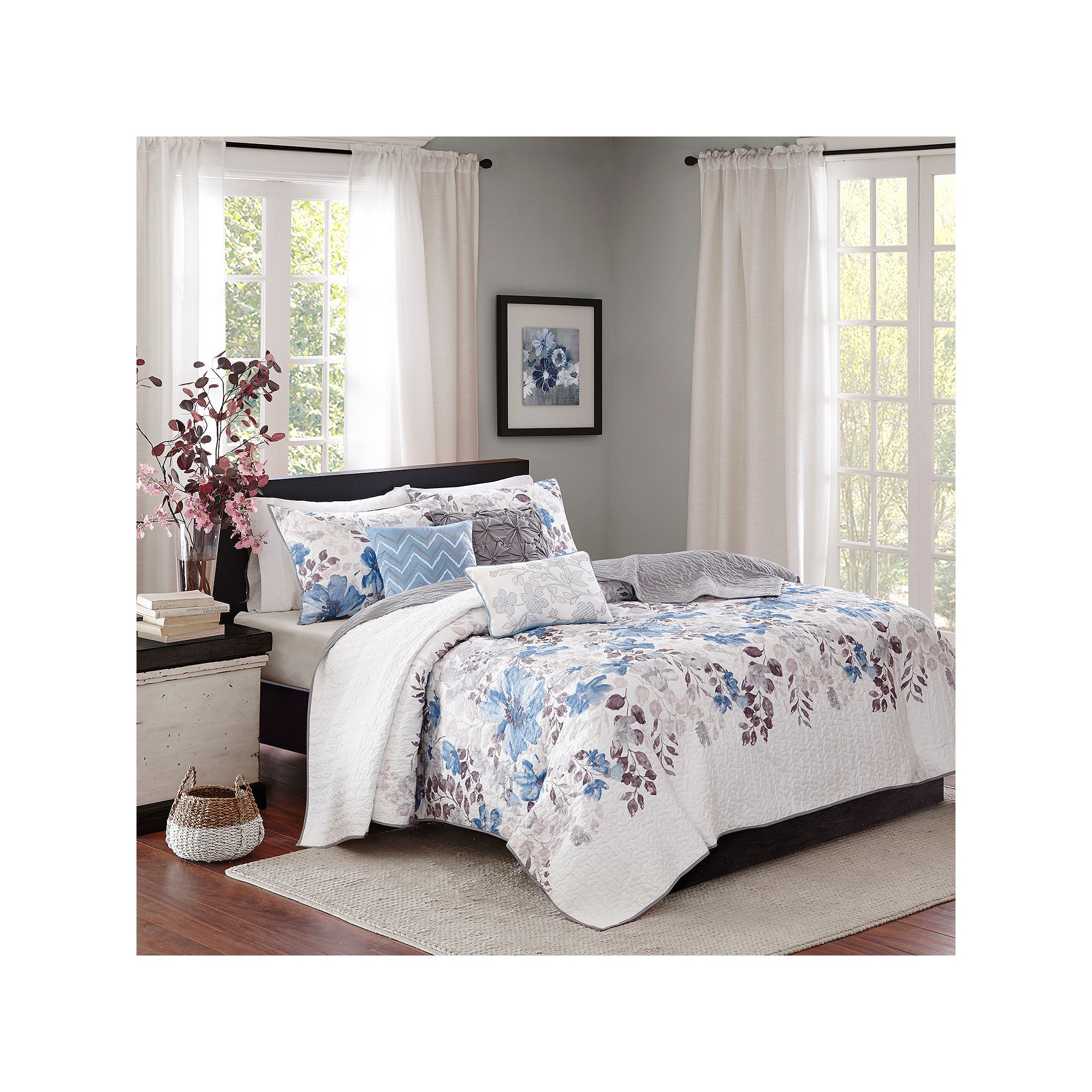 Madison Park Piper 6-Piece Floral Quilt Set with Shams and Throw Pillows, B