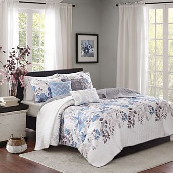 Madison Park Piper 6 pc Floral Quilt Set with Shams and Throw Pillows