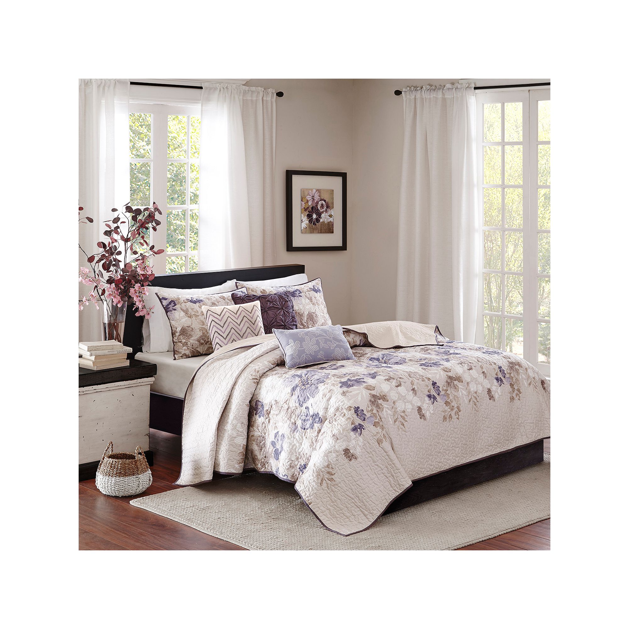 Madison Park Piper 6-Piece Floral Quilt Set with Shams and Throw Pillows, B