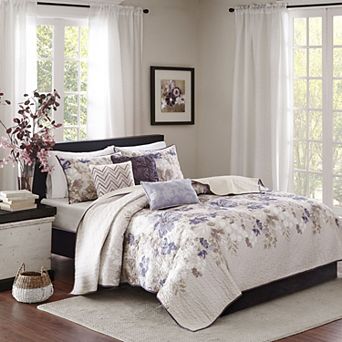 Madison Park Piper 6 pc Floral Quilt Set with Shams and Throw Pillows