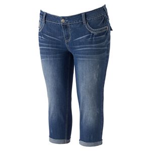 Juniors' Plus Amethyst Denim Whiskered Cuffed Capris