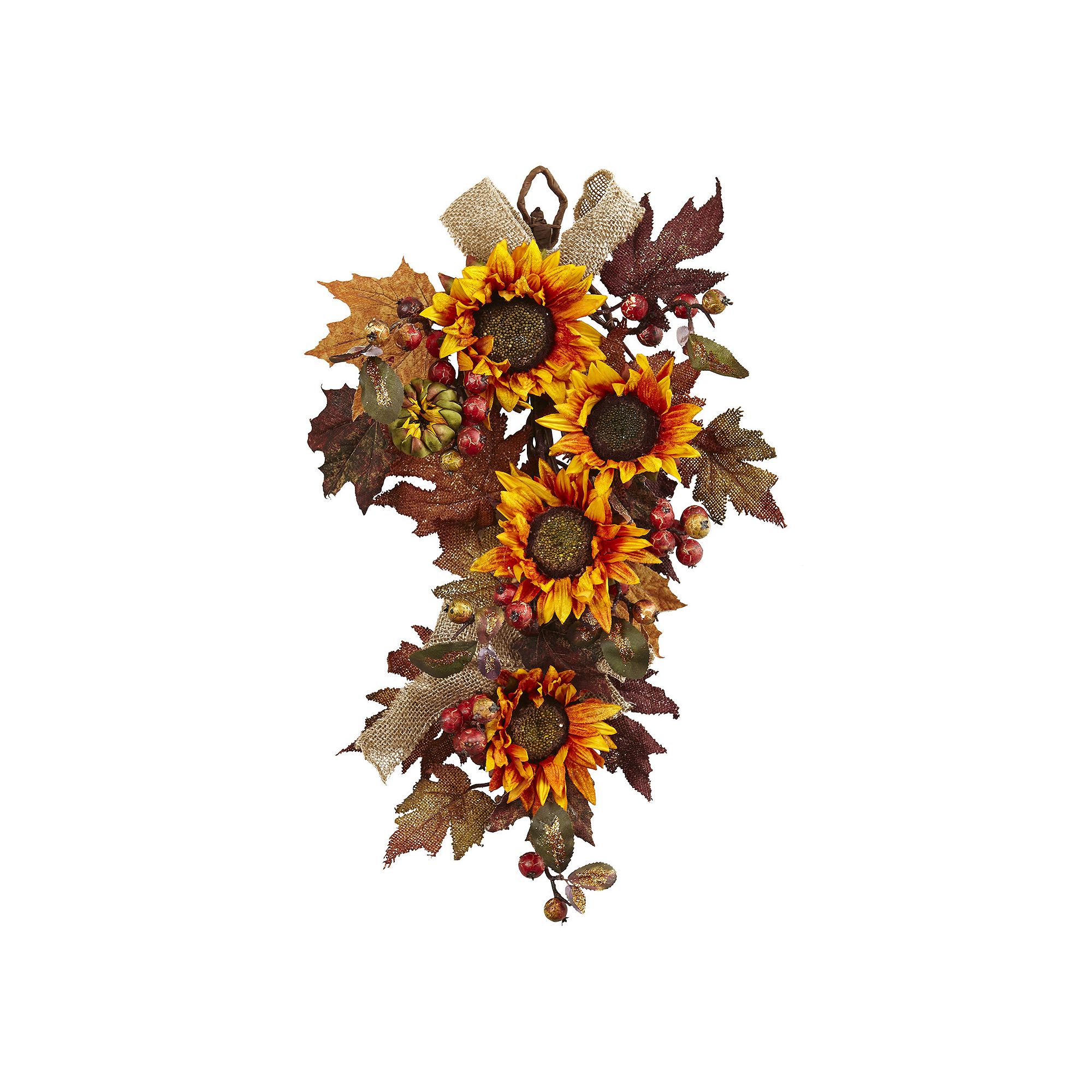 nearly natural Artificial Sunflower Burlap Teardrop Decor, Yellow