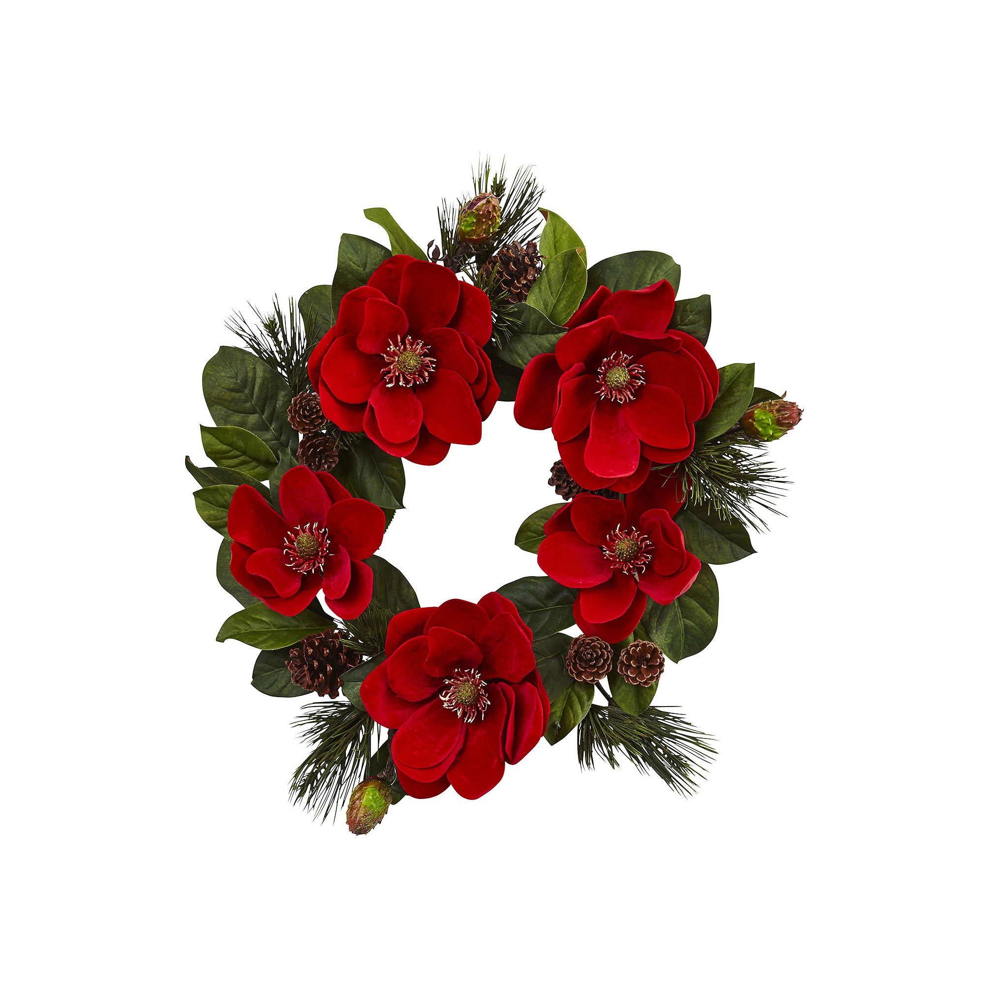 nearly natural Artificial Magnolia & Pine Wreath, Red