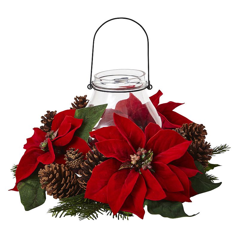 nearly natural Artificial Poinsettia Centerpiece & Candleholder, Red