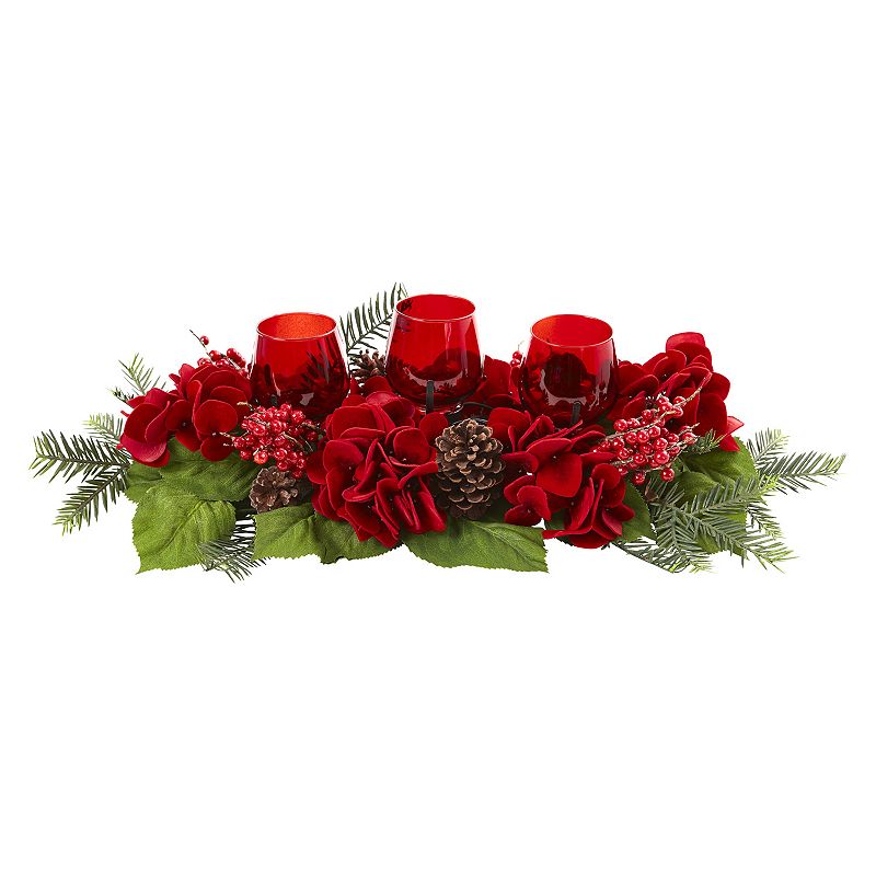 nearly natural Artificial Hydrangea Centerpiece & Candleholder, Red