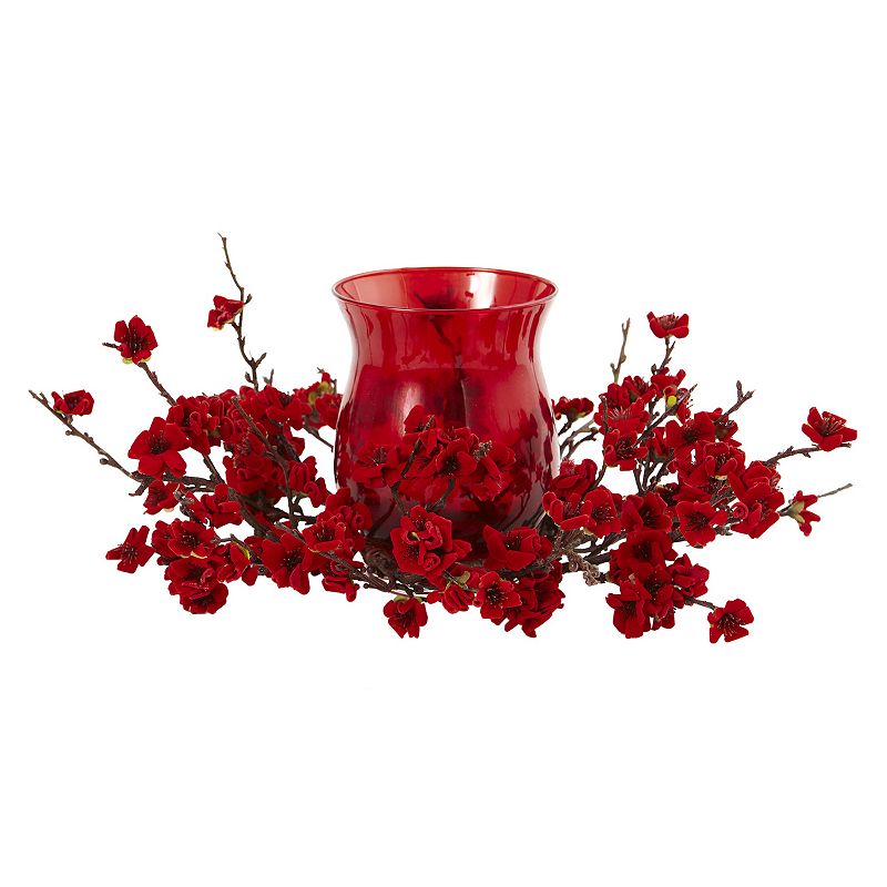 nearly natural Artificial Plum Blossom Centerpiece & Candleholder, Red