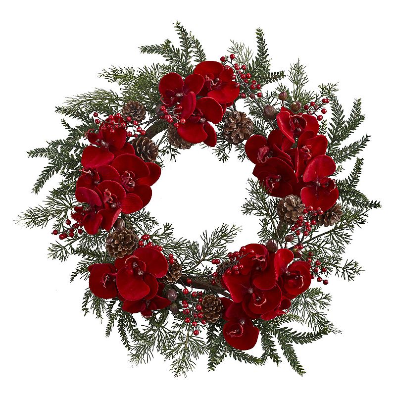 nearly natural Artificial Orchid & Pine Wreath, Red