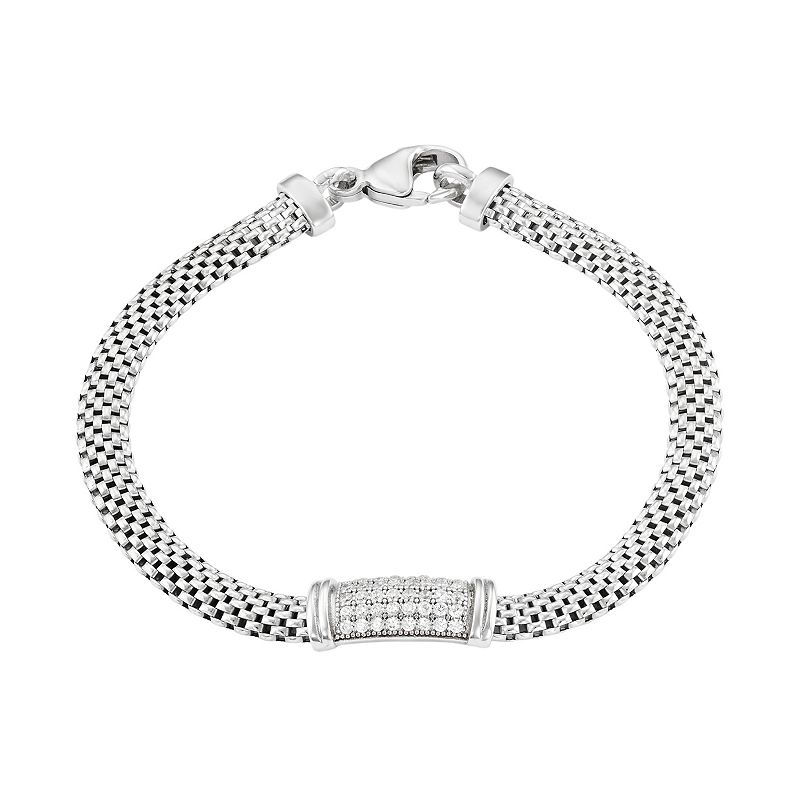 Cubic Zirconia Sterling Silver Mesh Bracelet, Womens, Size: 7, White