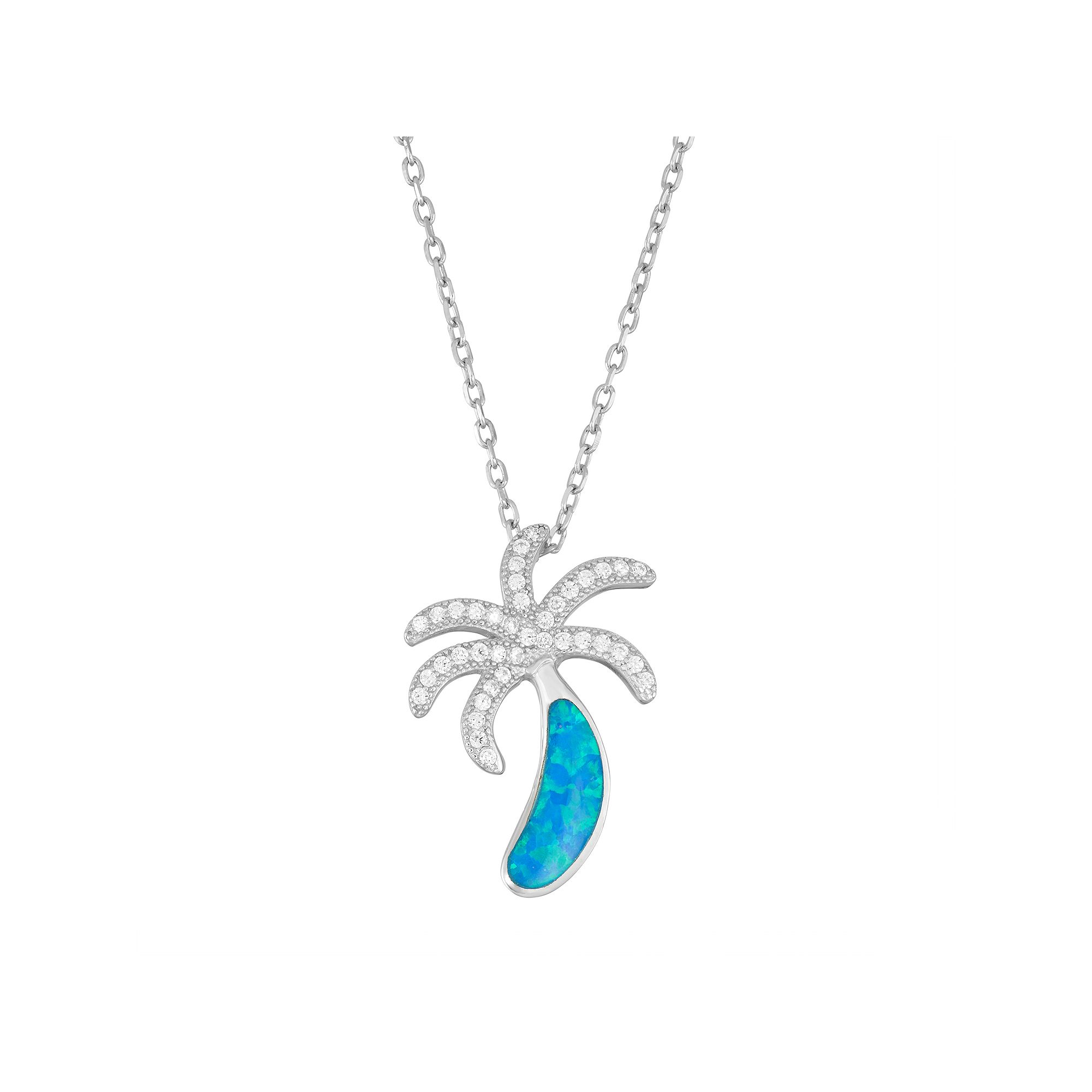 Sterling Silver Lab-Created Blue Opal & Cubic Zirconia Palm Tree Pendant N