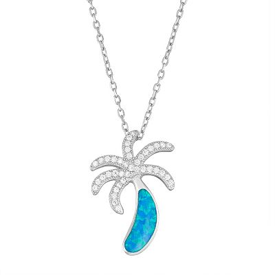 Sterling Silver Created Blue Opal and CZ Palm Tree Pendant