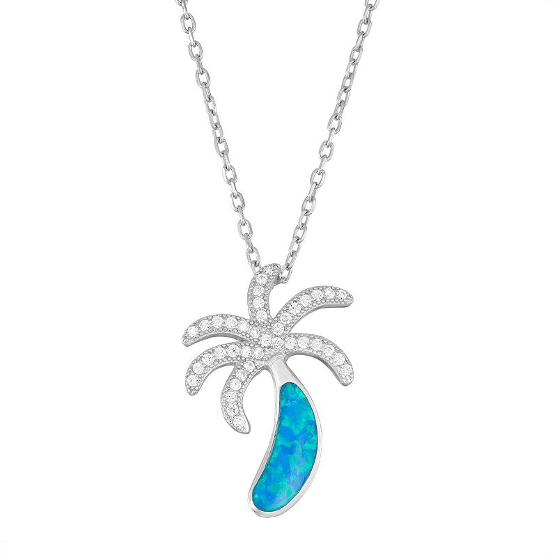 Sterling Silver Lab-Created Blue Opal & Cubic Zirconia Palm Tree Pendant N