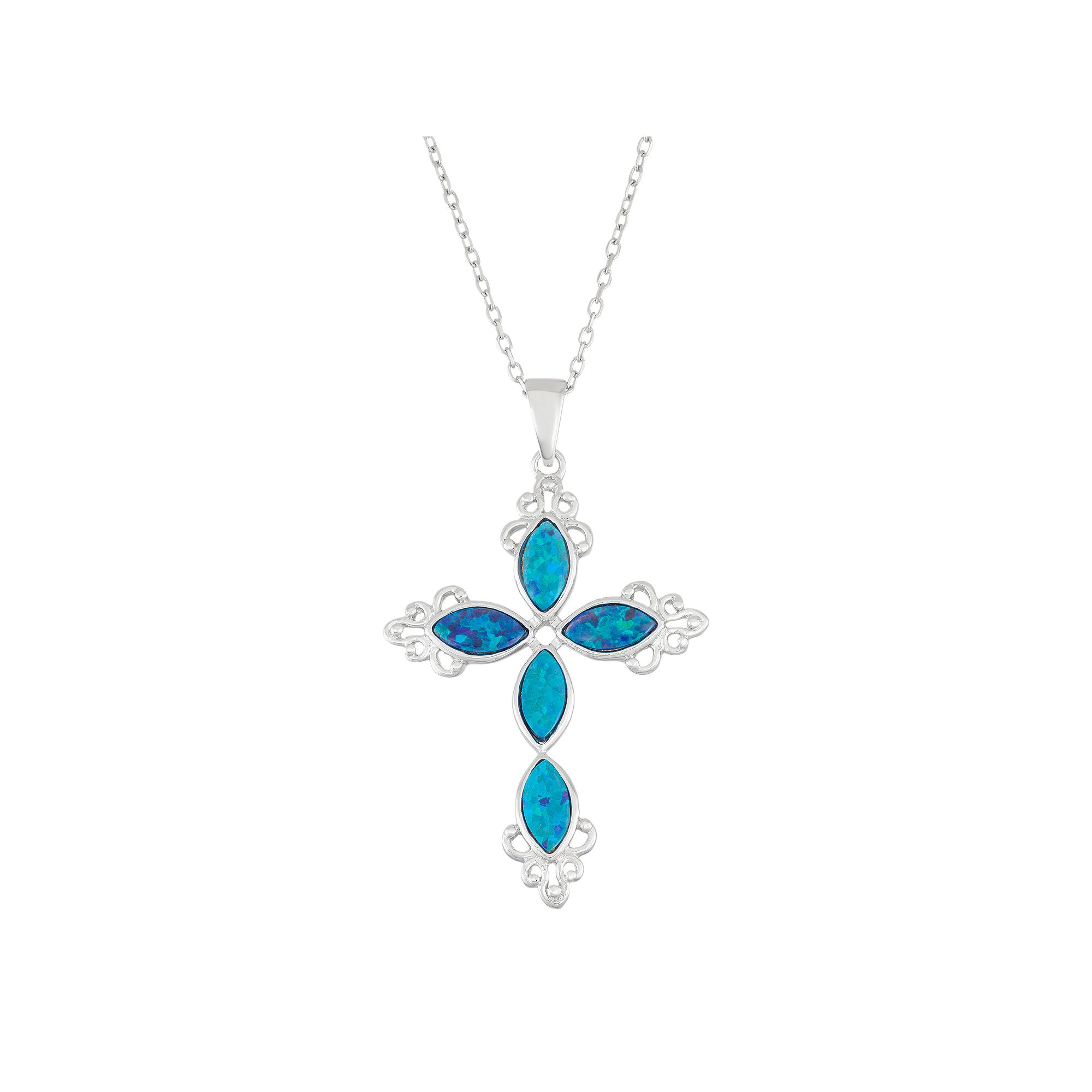 Sterling Silver Lab-Created Blue Opal Cross Pendant Necklace, Womens, Siz