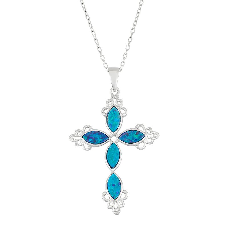 Sterling Silver Lab-Created Blue Opal Cross Pendant Necklace, Womens, Siz