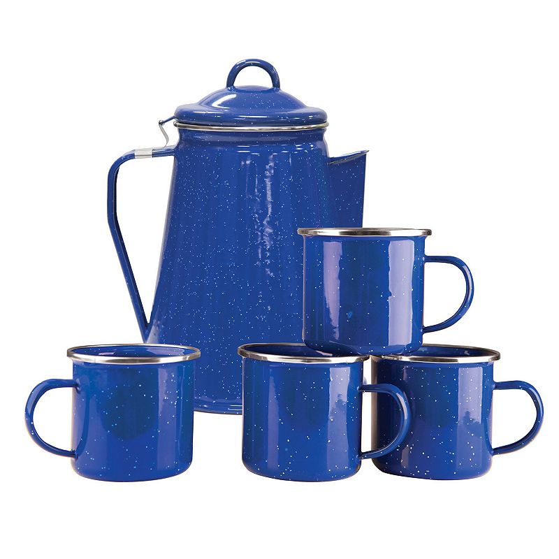Stansport Enamel 8-Cup Coffee Percolator & Mug Set, Blue