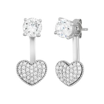 Sterling Silver Cubic Zirconia Front-Back Heart Drop Earrings