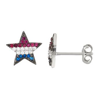 Sterling Silver Cubic Zirconia, Lab-Created Blue Spinel & Pink Sapphire Star Stud Earrings