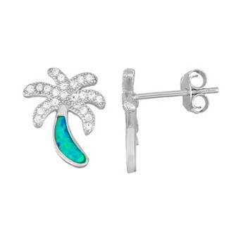Sterling Silver Cubic Zirconia & Lab-Created Blue Opal Palm Tree Stud Earrings
