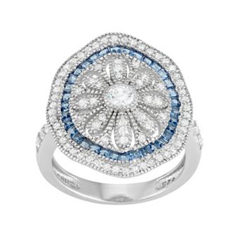 Sterling Silver Blue Glass & Cubic Zirconia Flower Ring