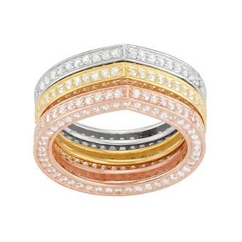 Cubic Zirconia Tri-Tone Sterling Silver Stack Ring Set