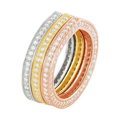 Cubic Zirconia Tri-Tone Sterling Silver Stack Ring Set