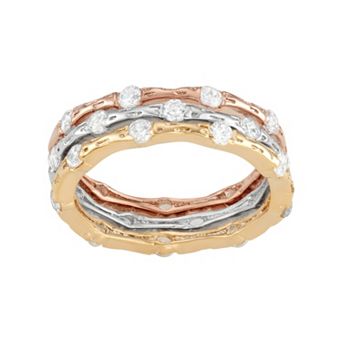 Cubic Zirconia Tri-Tone Sterling Silver Textured Stack Ring Set