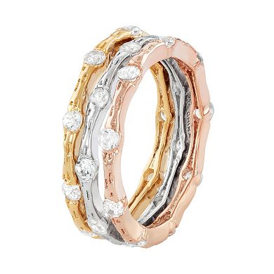 Cubic Zirconia Tri-Tone Sterling Silver Textured Stack Ring Set
