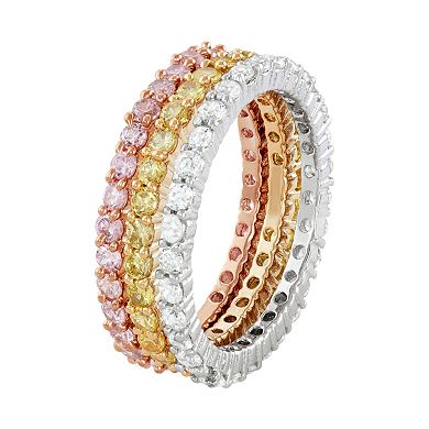 Cubic Zirconia Tri-Tone Sterling Silver Stack Ring Set