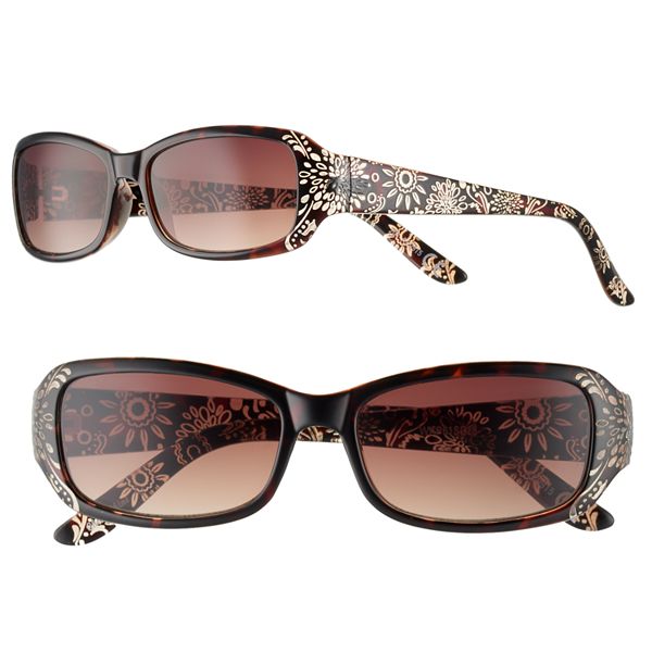 Nine West Rectangle Sunglasses with Floral Etching - Tort