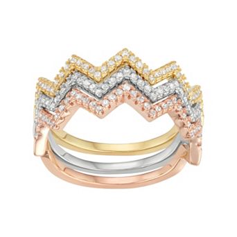 Cubic Zirconia Tri-Tone Sterling Silver Zigzag Stack Ring Set
