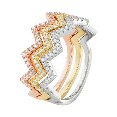 Cubic Zirconia Tri-Tone Sterling Silver Zigzag Stack Ring Set