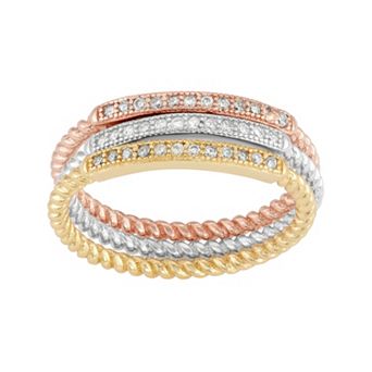 Cubic Zirconia Tri-Tone Sterling Silver Twist Stack Ring Set