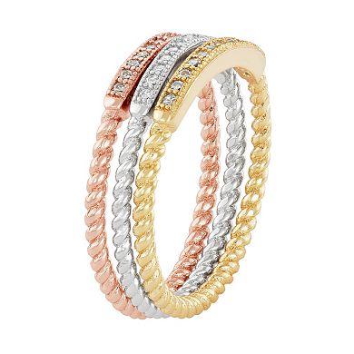 Cubic Zirconia Tri-Tone Sterling Silver Twist Stack Ring Set