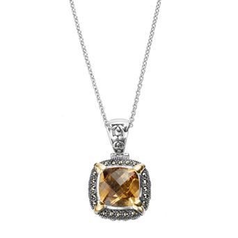 Lavish by TJM Sterling Silver Yellow Quartz & Marcasite Halo Pendant