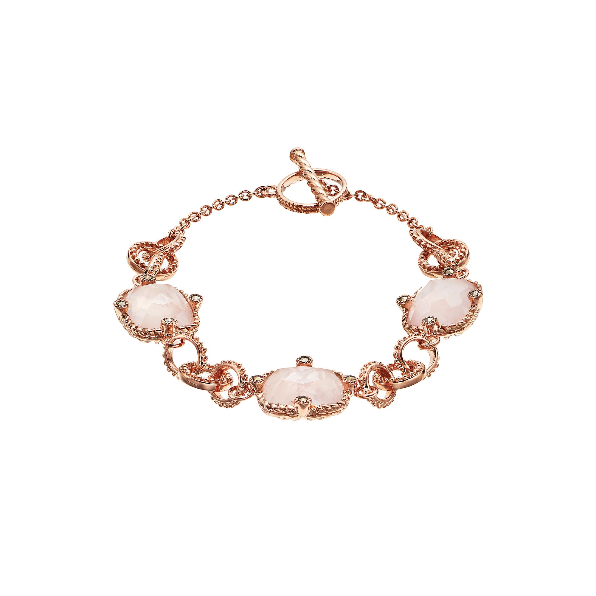 Lavish by TJM 18k Rose Gold Over Silver Rose Quartz & Marcasite Bracelet,