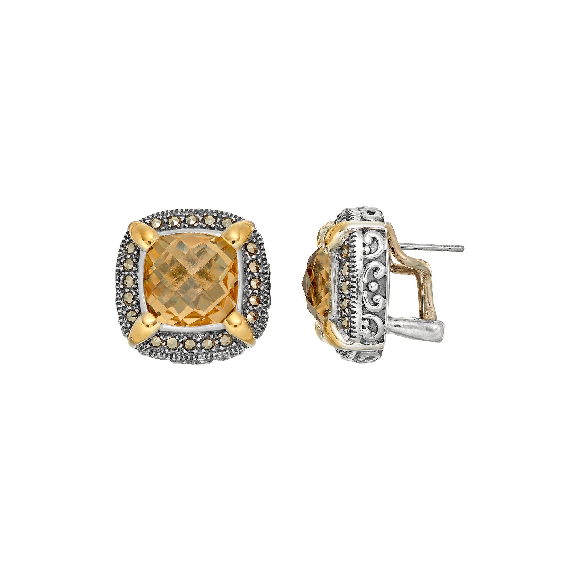 Lavish by TJM Sterling Silver Yellow Quartz & Marcasite Halo Stud Earrings,