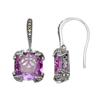 Lavish by TJM Sterling Silver Lab-Created Amethyst & Marcasite Drop Earrings