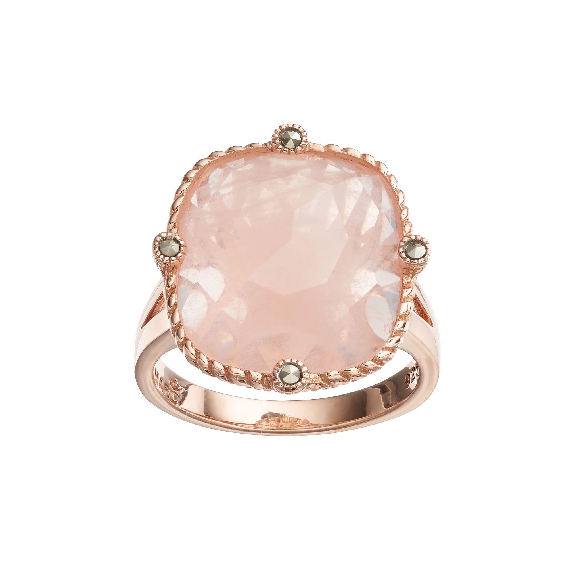 Lavish by TJM 18k Rose Gold Over Silver Rose Quartz & Marcasite Ring, Women