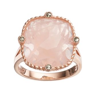 Lavish by TJM 18k Rose Gold Over Silver Rose Quartz & Marcasite Ring