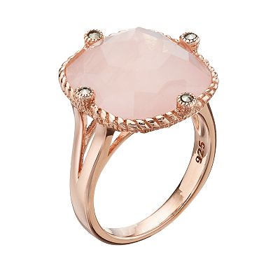 Lavish by TJM 18k Rose Gold Over Silver Rose Quartz & Marcasite Ring