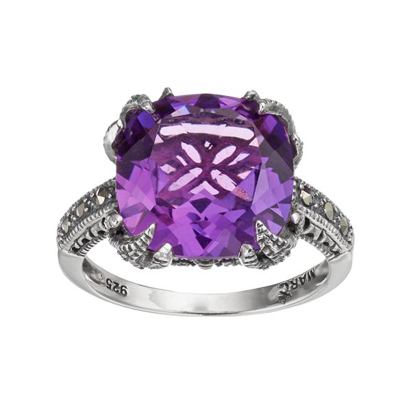 Lavish by TJM Sterling Silver Lab-Created Amethyst & Marcasite Ring