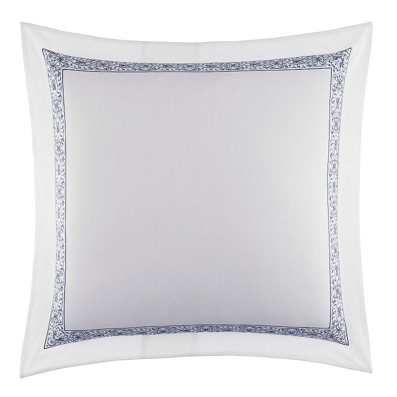 Laura Ashley Blue Rowland Breeze Sham (Euro): Linen & Cotton Blend, OEKO-TEX Certified, Botanical Lace Trim Design