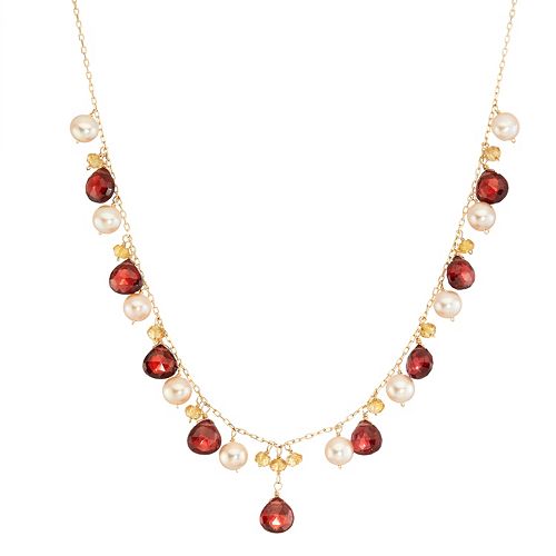 14k Gold Garnet, Citrine & Freshwater Cultured Pearl Necklace