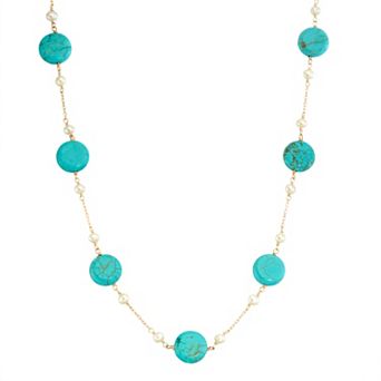 Jewelmak 14k Gold Turquoise & Freshwater Cultured Pearl Station Necklace