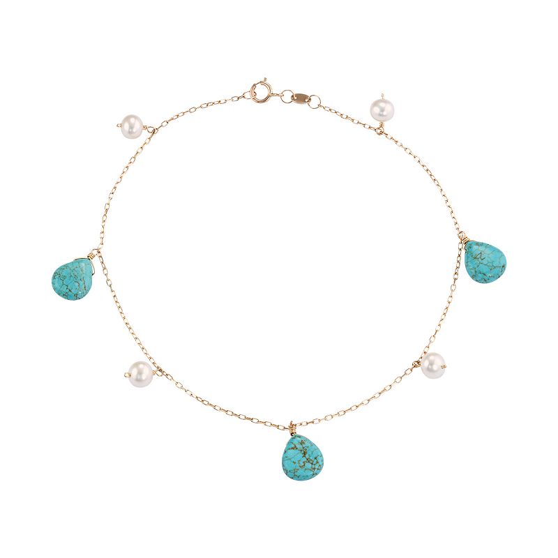 14k Gold Turquoise & Freshwater Cultured Pearl Station Anklet, Womens, Si
