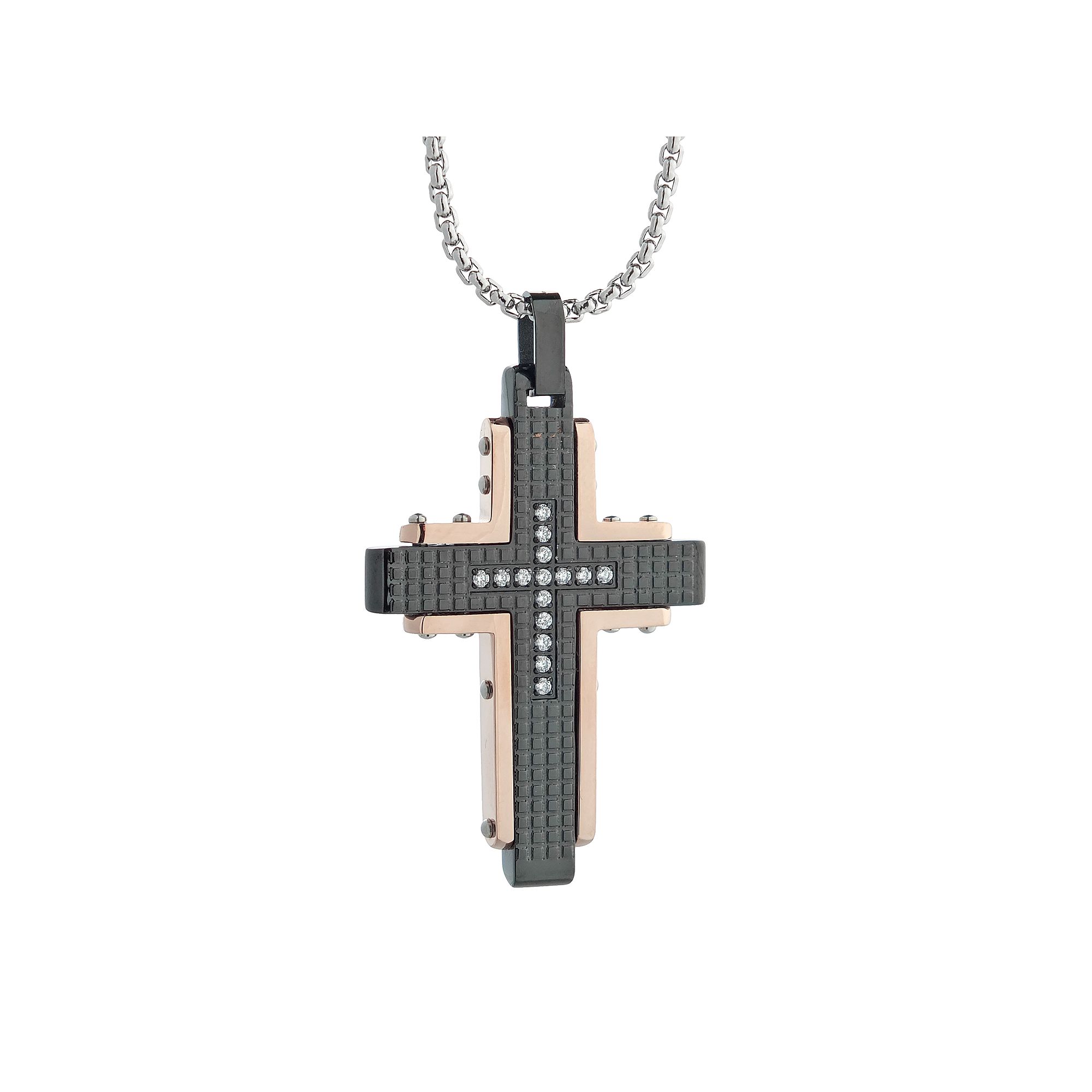 LYNX Mens Cubic Zirconia Tri-Tone Stainless Steel Cross Pendant, Size: 2